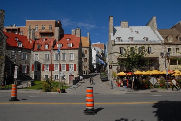 QUEBEC CITY, CANADA # 2: OLD QUEBEC, FUNICULAIRE du VIEUX, CATHEDRAL , PLACE ROYAL, UMBRELLA  ALLEY.